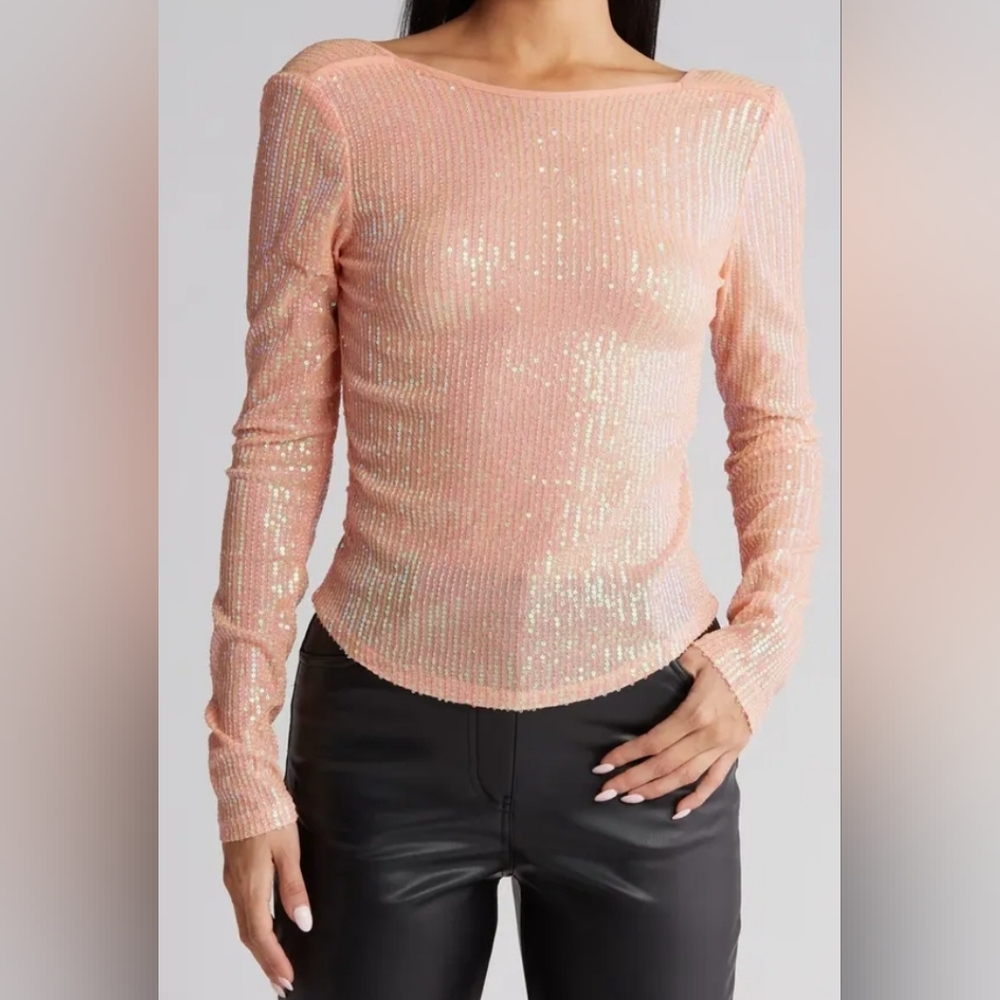 Sequin Long-Sleeve Boatneck Top in Blush Pink